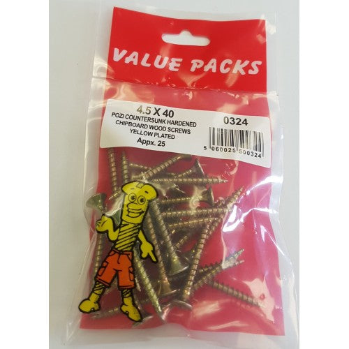 4.5 X 40 Pozi Csk Chipboard Screws Yellow 25 Per Pack 4.5 X 40 Pozi Csk Chipboard Screws Yellow 25 Per Pack